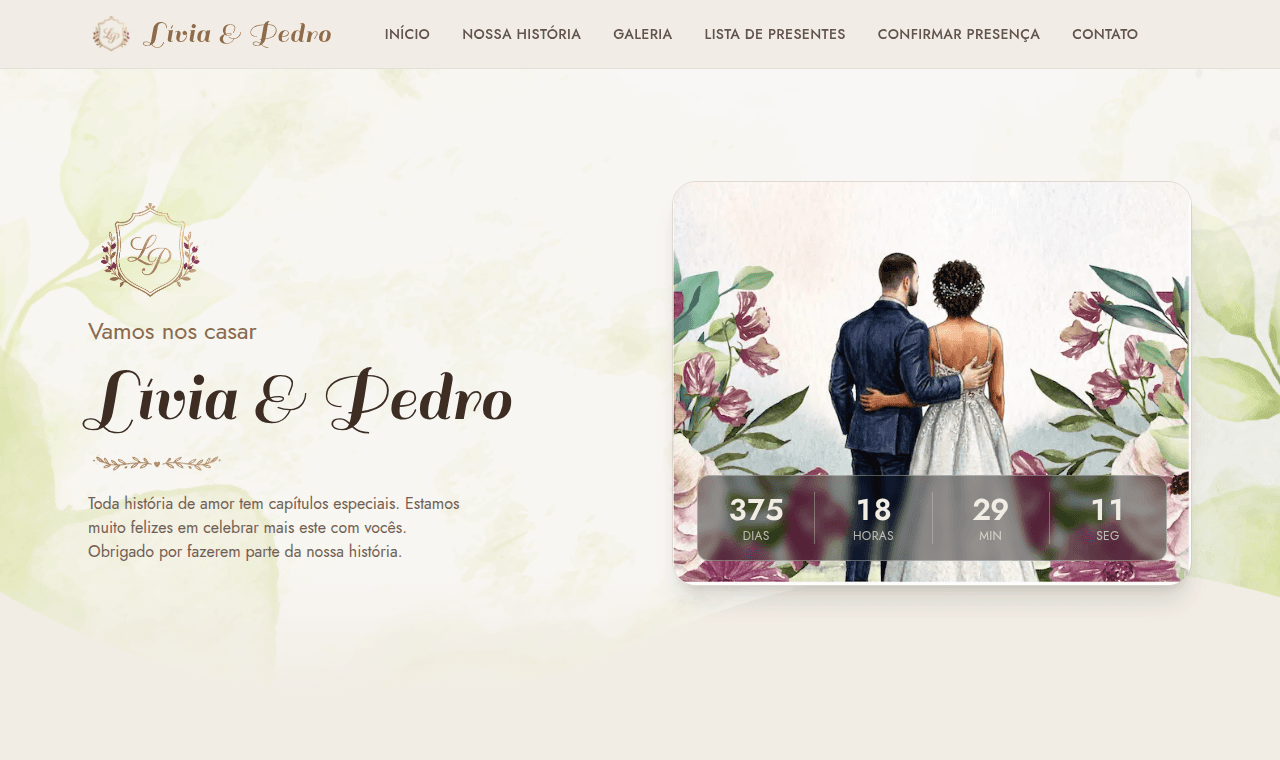 Página inicial do site de casamento de Pedro e Lívia, feito com o tudocasamento